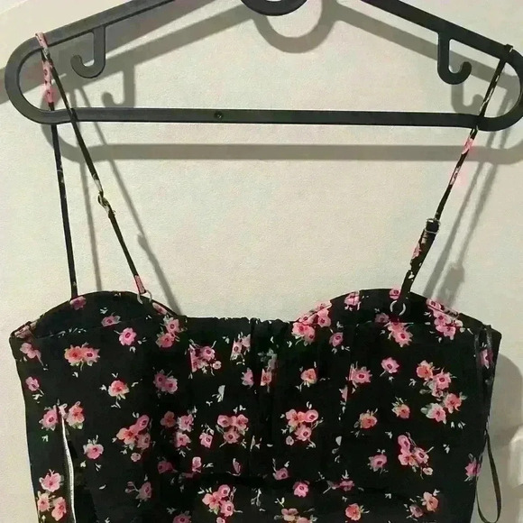 Zara Floral Bustier Corset Crop  Top Black Pink Size S - Picture 3 of 7